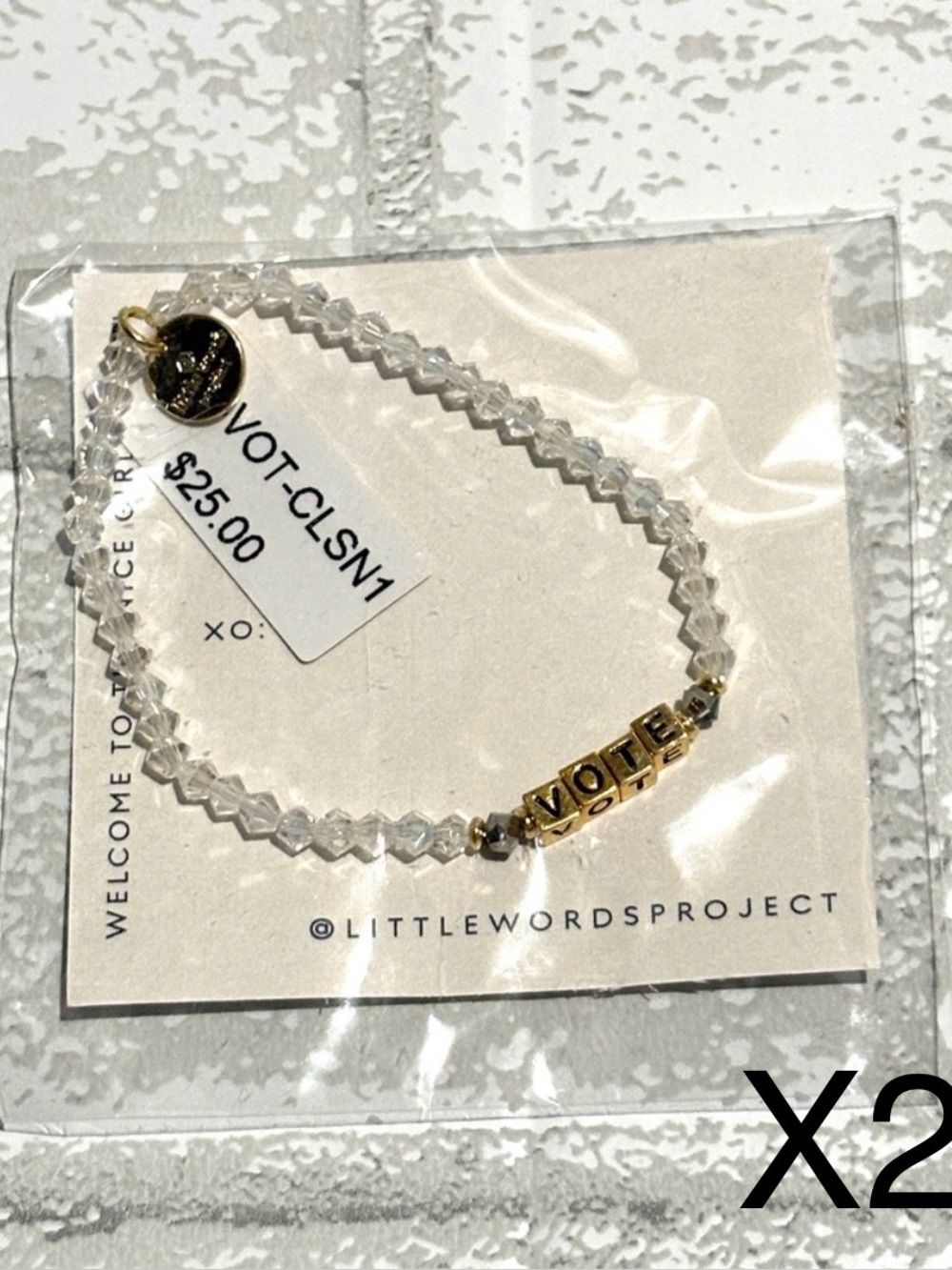 TWO Little Words Project VOTE Gold Beads and Clear Beaded Bracelet NEW